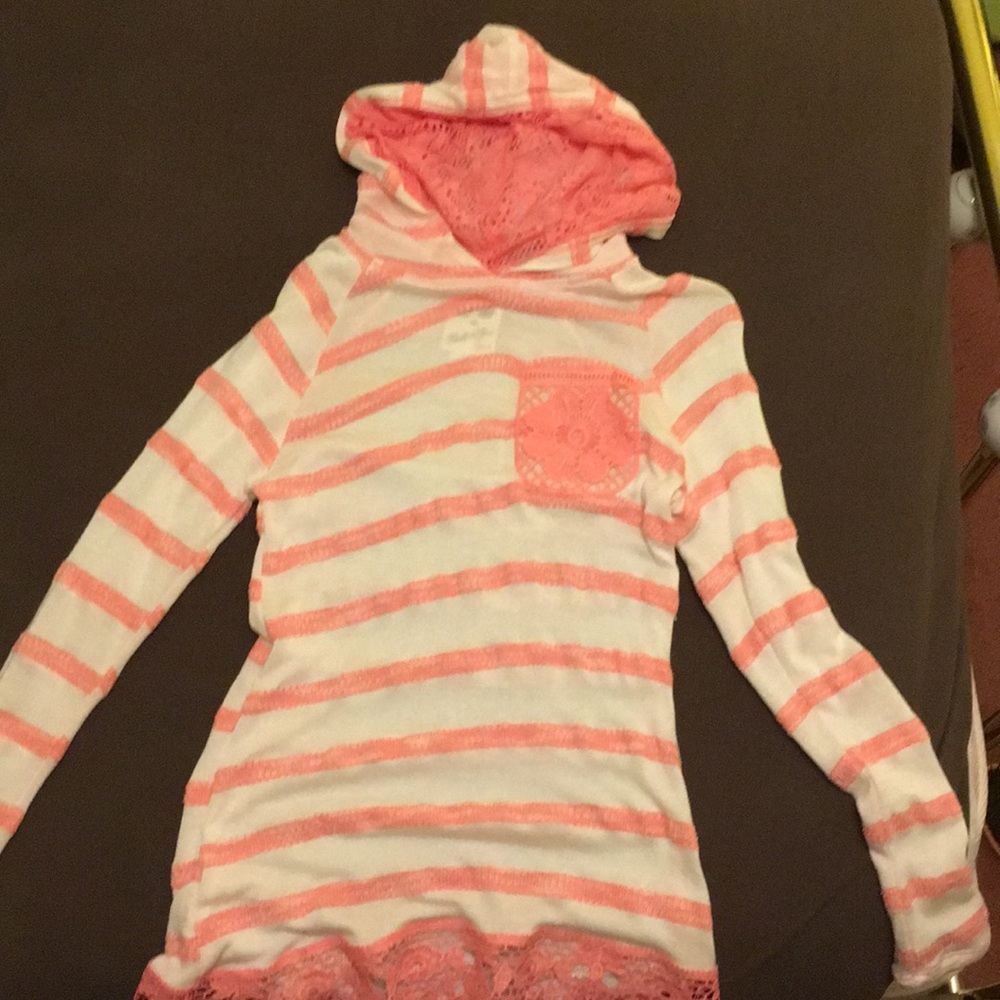 White and Pink Striped Lacey Hooded Pull-Over